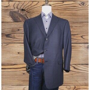 Hart Schaffner Marx Sport Coat Blazer Mens 46R Blue Plaid Wool 3 Button